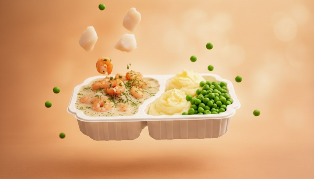 pocherad spättafilé med räkstuvning och potatismos samt gröna ärtor