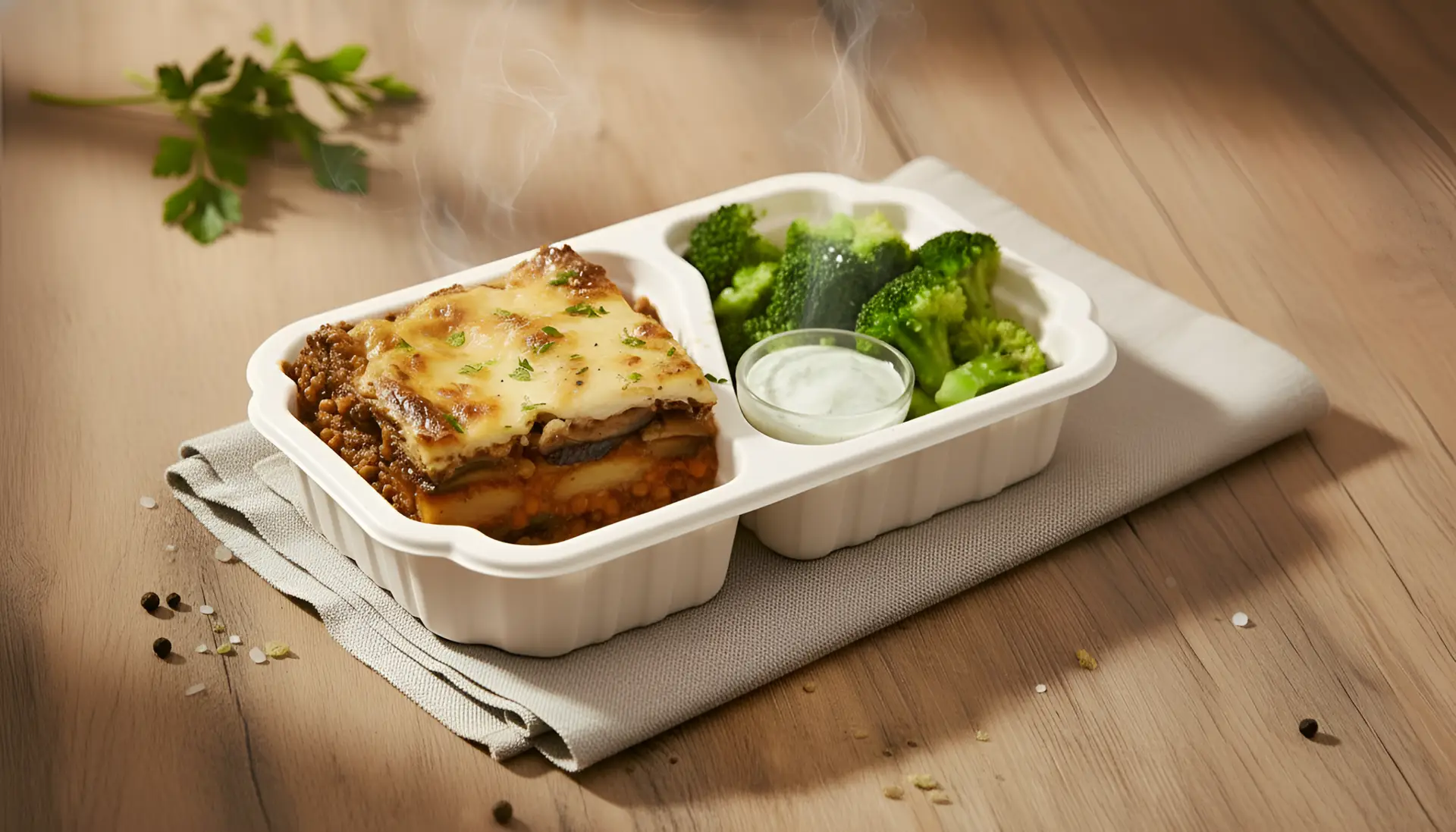 Om oss vegetarisk moussaka som serveras med tzatziki och broccoli 2 picsart aiimageenhancer
