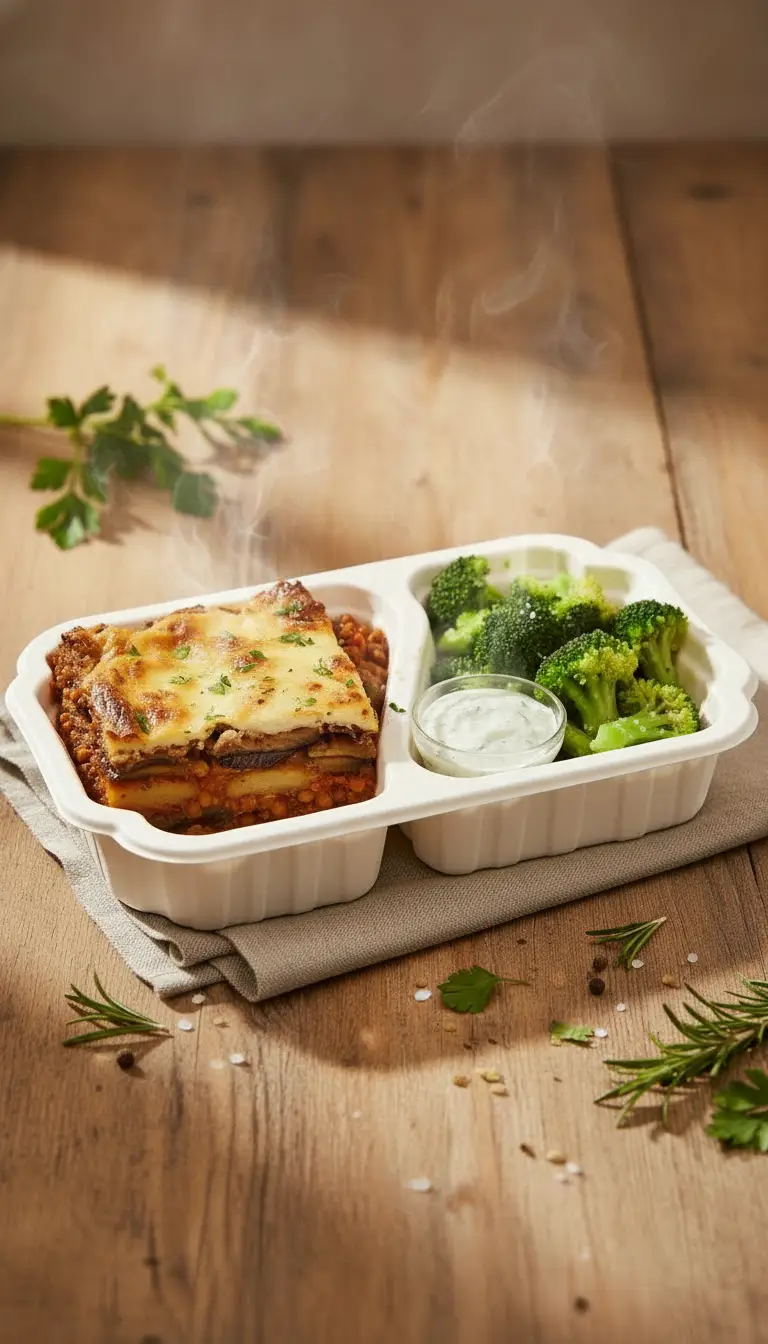 vegetarisk moussaka som serveras med tzatziki och broccoli